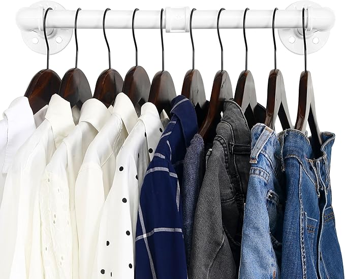 WEBI Clothing Rack Wall Mount,20" Industrial Pipe Clothes Rack for Hanging Clothes,Heavy Duty Iron Garment Rack Bar,Retail Display Clothes Rod for Closet,Laundry Room,White