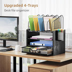 Marbrasse Desk organizer with Drawer, 4-Tier Wooden File Organizer with 5 Vertical File Holders and 2 Pen Holders, Desk Organizers and Accessories for Home Office - Black