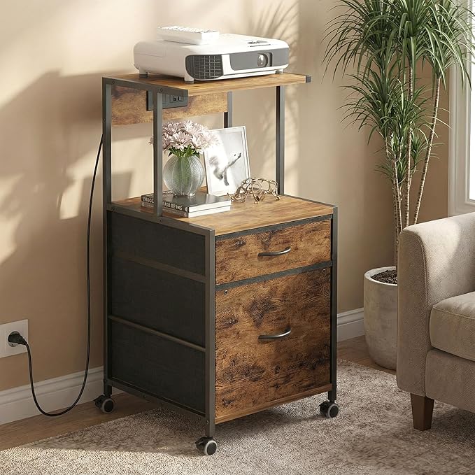2-Drawer File Cabinets for Home Office, Filing Cabinet with Charging Station, Vertical Office Cabinet with Open Storage Shelf, Printer Stand with Drawer Fits A4 or Letter Size for Home Office