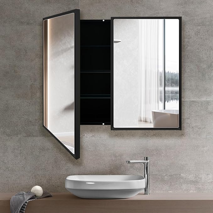 Medicine Cabinet with Aluminum Framed Mirror,36"x32" Surface Mount or Recessed Mount Bathroom Vanity Mirror,Single Door Bathroom Mirror with Storage Cabinet