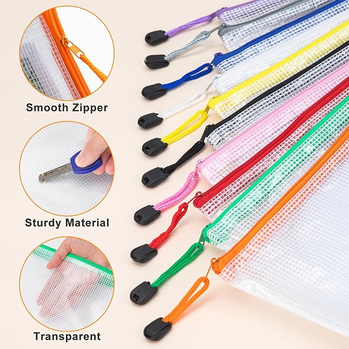 20Pack Mesh Zipper Pouch Bags, Waterproof 9.4x4.9 Inch Pencil Pouches Bulk for Storage, Teacher School, Toys, Puzzle, Office, 10 Colors