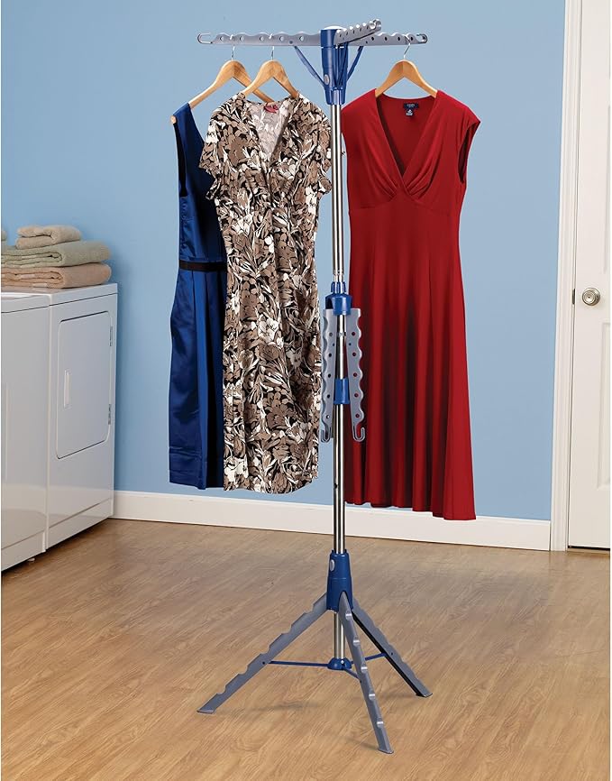 Household Essentials 5012-1 Portable 2-Tier Clothes Drying Rack Tri-pod | Dry Wet Laundry or Hang Clothes | Silver and Blue