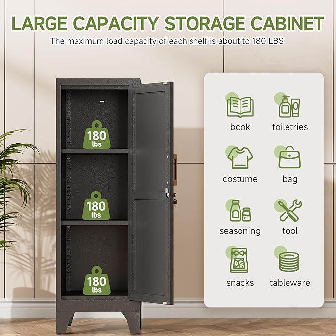 Metal Locker with Lock and 2 Adjustable Shelves, Small Storage Locker Cabinet with Detachable Legs for Office, School, Gym, Easy Assembly, Black