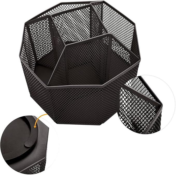 Annova Mesh Desk Organizer Rotate with 5 Compartments Spinning Tidy Candy/Pen Holder Office, Art Supply, Storage, Classroom, Home (Black)