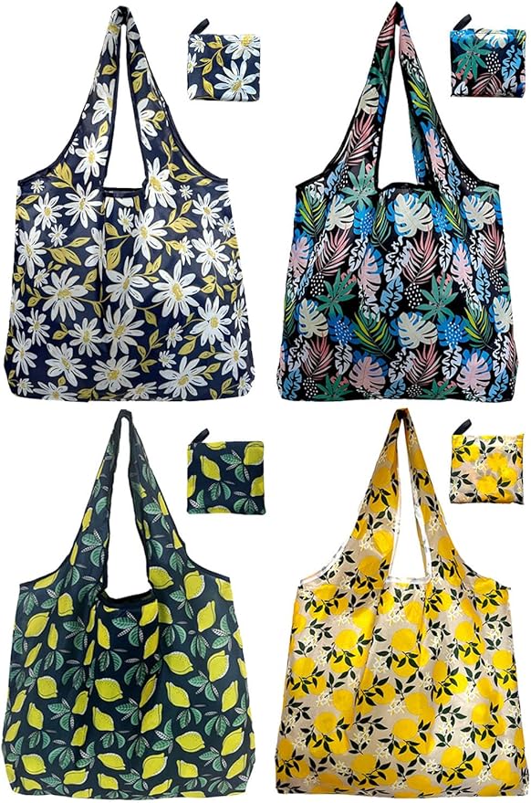 Reusable Grocery Bags, 4 Pack Foldable Shopping Tote Bags, Lightweight & Durable Eco Friendly Washable Totes for Groceries, Travel & Everyday Use