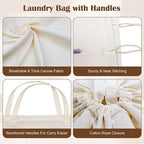 Canvas Laundry Bag with Handles & Drawstring Closure 27.5”Wx35"H, Thick Laundry Bag Large Heavy Duty Washable Dirty Clothes Travel Sack for Camp, College Dorm, Laundromat (Beige L, 2 Pack)