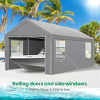COBIZI 10x20 FT Heavy Duty Carport with Galvanized Frame, Carport Canopy with Roll-up Windows, Storage Tent with Removable Sidewalls & Doors, Built-in Sandbags for Car Boat Truck, Gray