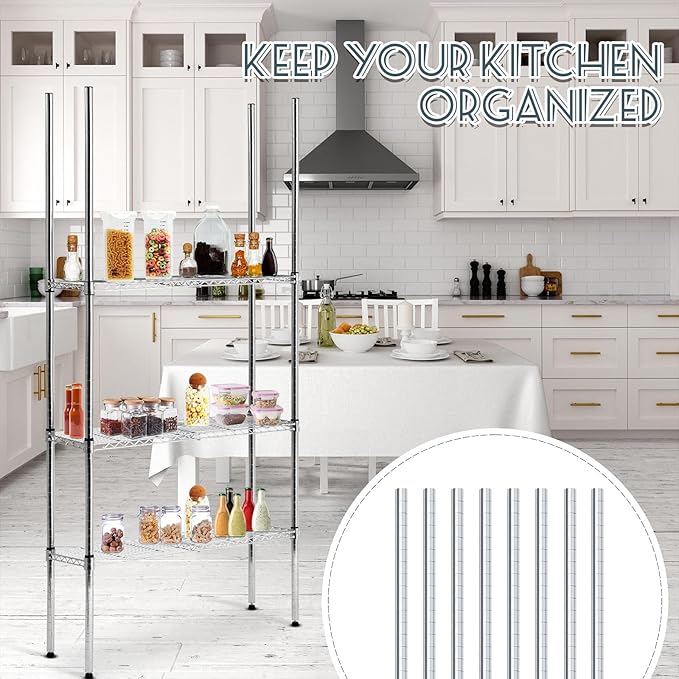 Thyle Set of 4 Wire Shelving Poles Including 8 Pcs 36'' Poles and 50 Pcs Shelf Clips, Heavy Duty Chrome Commercial Wire Shelving Parts for 1" Post Shelf Rack Accessories Replacement(74")