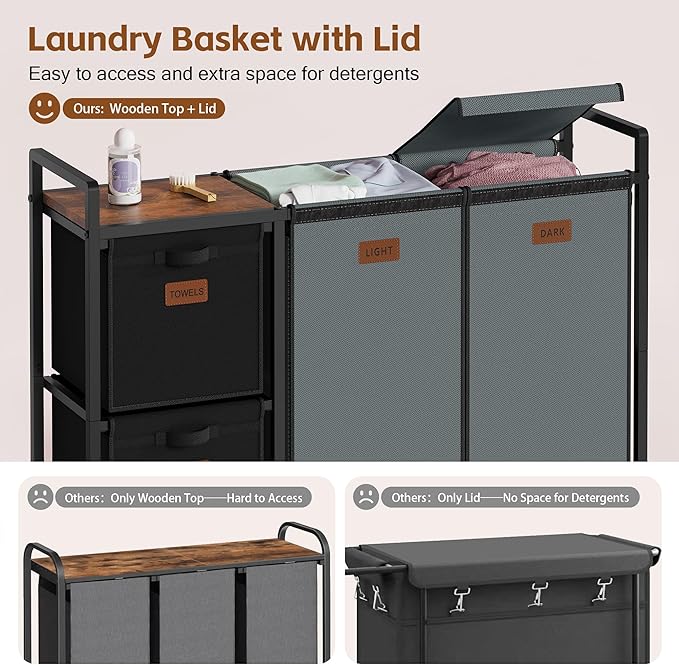 Hoctieon 4 Section Laundry Cart, 48 Gal. (182L) Laundry Hamper with Lid, Laundry Basket with Wheels, Rolling Laundry Sorter Organizer with Shelf, Clothes Separator with Removable Bags, Black+Gray