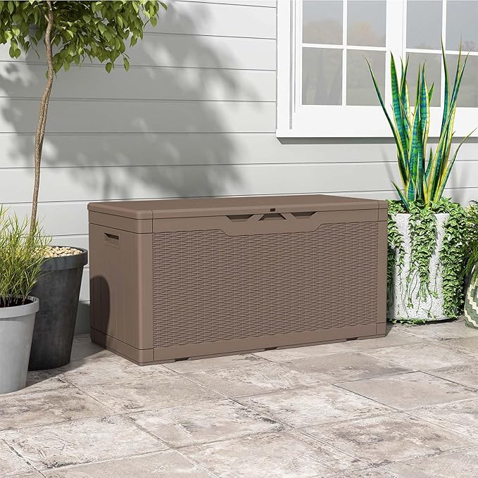 Patiowell 100 Gallon Resin Deck Box, Waterproof Large Outdoor Storage Box for Patio Furniture and Garden Tools, Dark Brown
