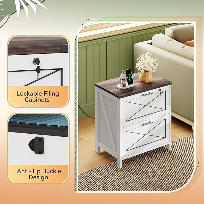DEVAISE Lateral File Cabinet with Lock, 2 Drawers & Charging Station, Farmhouse Wood Printer Stand with Large Storage, Fits A4/Letter/Legal Hanging Files, White