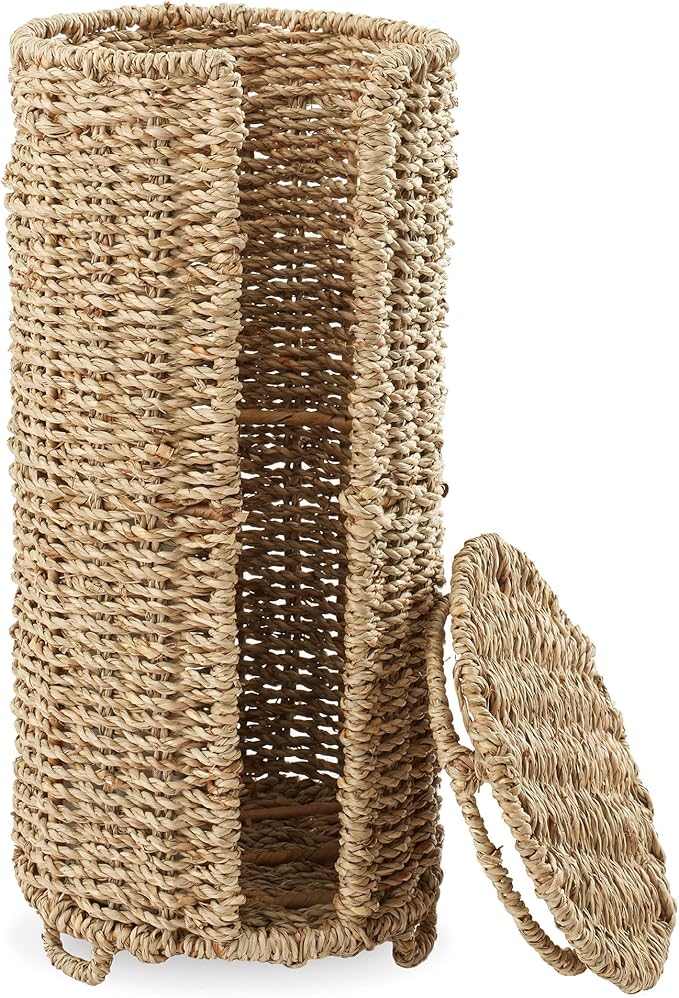 Casafield Free Standing Toilet Paper Storage Roll Holder with Lid - Natural, Fits 3 Rolls, Seagrass Bath Tissue Organizer for Bathroom