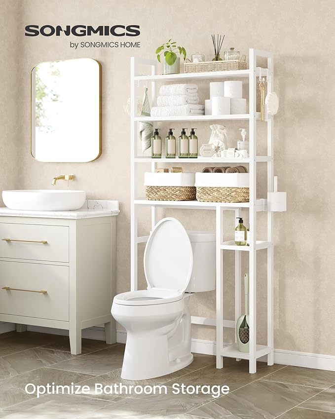 SONGMICS Over the Toilet Storage, 4-Tier Over Toilet Bathroom Organizer with Adjustable Shelves, 26 x 83 x 185 cm, Space-Saving, Cloud White UBTS017W01