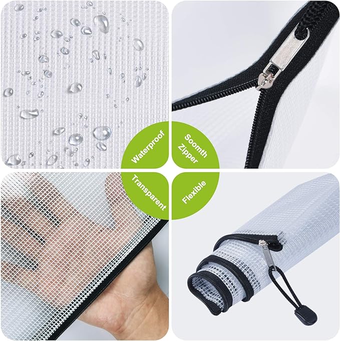 12 Pcs Plastic Mesh Zip File Bags, Waterproof Tear-Resistant Document File Folders, MultiSize Zipper Documents Pouch Organizer Bags for School Office Home Travel Storage(6 Sizes)