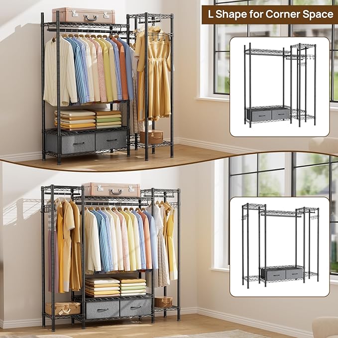 Coat Rack Clothes Wardrobe：Closet Organizer and Storage Clothing Garment Rack with Shelves Heavy Duty for Hanging Clothes Portable Adjustable Black 15.8" DX56.8 WX76.5 H
