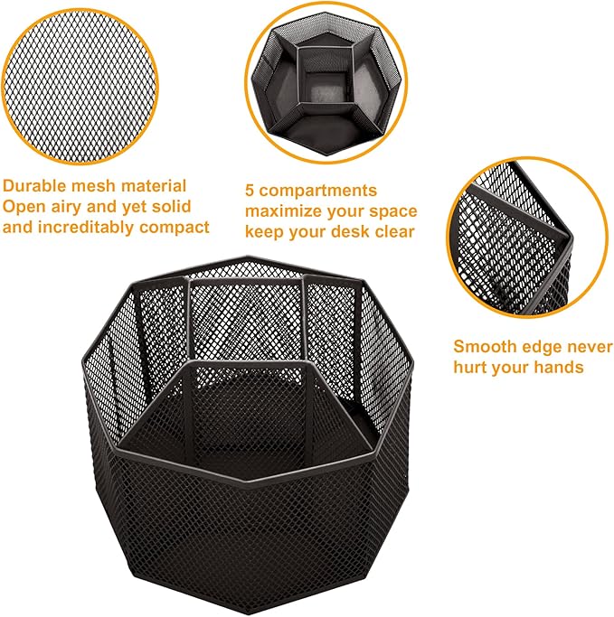 Annova Mesh Desk Organizer Rotate with 5 Compartments Spinning Tidy Candy/Pen Holder Office, Art Supply, Storage, Classroom, Home (Black)