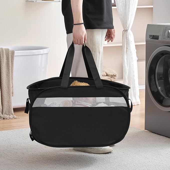 Collapsible Laundry Baskets, Foldable Tear Proof Pop Up Hamper with Reinforced Carry Handles, Durable Laundry Hamper for Home, Laundry, Bathroom, Dorm or Travel (Black, 2 Pack)