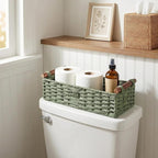 Back of Toilet Basket with Wood Handles, Green Wicker Toilet Paper Basket for Toilet Tank Top, Narrow Toilet Tank Basket, Bathroom Basket Organizer for Wipes & Essentials
