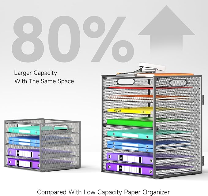 9 Tier Paper Organizer with Handle, Large Capacity Desk Organizer Mesh Paper Letter Tray File Folder Document Sorter for Classroom and Office Accessories Organization- Grey (2 Pack)
