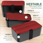 Umami Premium Lunch Box Containers w/ 4 Utensils, 2 Sauce Jars, Nestable Space-Saving Bento Box Adult, 100% Leakproof, Microwavable Lunch Containers for Adults, Rosewood Black, 50 oz