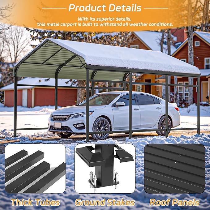 Patiowell 10x15 FT Metal Carport, Heavy Duty Outdoor Carport with Reinforced Frame and Galvanized Steel Roof, All-Weather Car Port Shelter for Car, Truck, Boat and Tractor, Black
