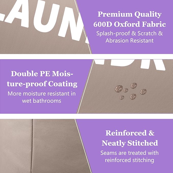 95L Folding Laundry Basket for Singles, Large Laundry Hamper with Aluminum Handles, Freestanding Dirty Clothes Basket, Sturdy Oxford Fabric Clothes Hampers for Travel, Dormitory, Khaki