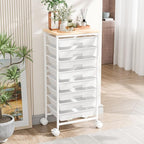 Rolling Cart with 8 Drawers, Storage Drawers Cart with Wooden Tabletop and Lockable Wheels, Utility Cart for Living Room, Office, Classroom, Craft Room, White