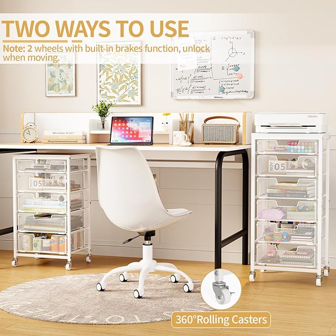 6 Drawers Utility Cart, Rolling Storage Cart with Wooden Tabletop, Storage Drawer Cart on Lockable Wheels, Craft Cart for Bedroom, Classroom, Office, White
