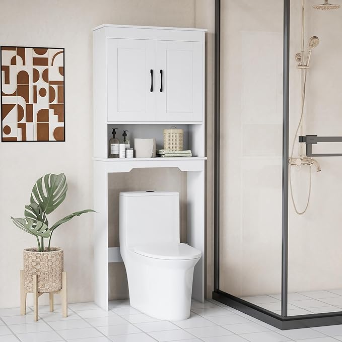 Tangkula Over The Toilet Storage Cabinet, Bathroom Space Saver Organizer with Dual Doors, Open Shelf, 5-Level Adjustable Inner Shelf, Bathroom Cabinet Above Toilet for Restroom, Laundry (White)