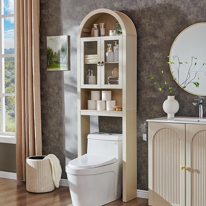 Arched Over The Toilet Storage Cabinet with Acrylic Doors, Modern Over Toilet Bathroom Organizer Shelf, Small Wooden Bathroom Storage Cabinet with Adjustable Shelf, Space Saver, Cream