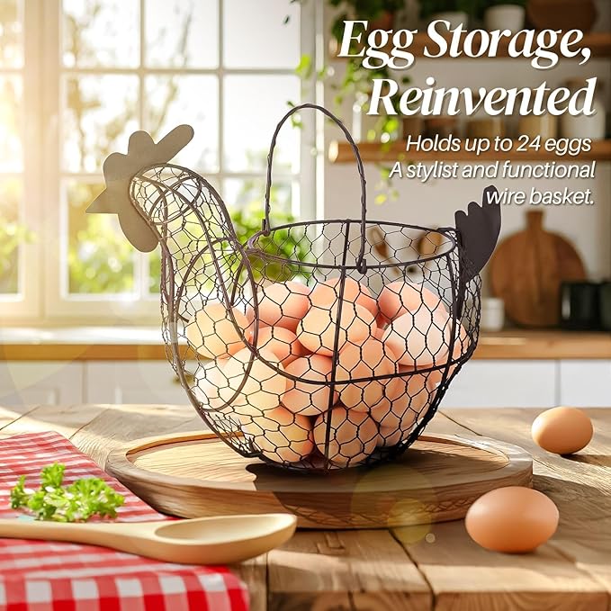 Flexzion Chicken Egg Basket for Collecting Eggs, Small Wire Egg Collecting Basket with Handle for Eggs, Fruits, Vegetables, Farmhouse Rustic Style Chicken Basket Decor for Kitchen Countertop, Black