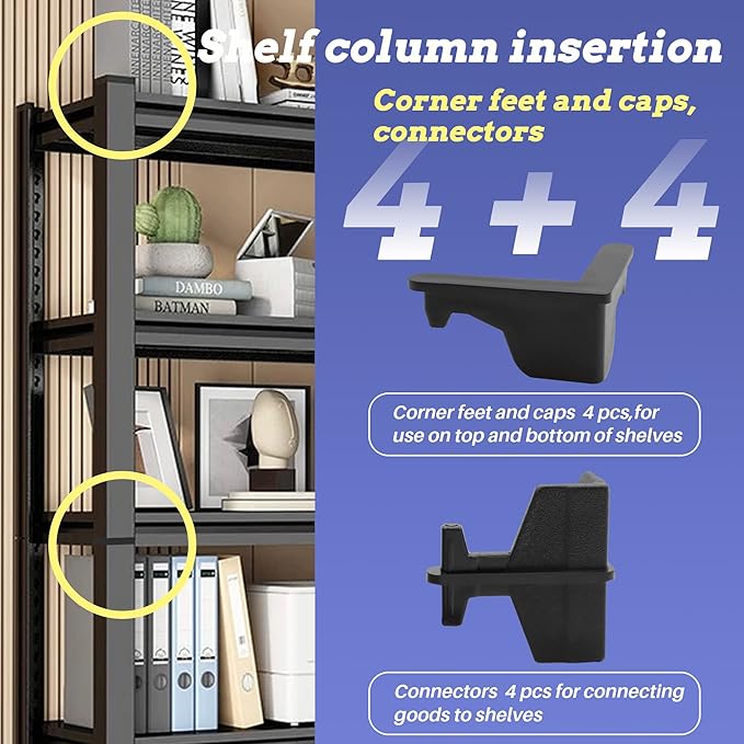Post Inserts Connectors - PP Plastic, Injection Molded, Sturdy Support - Black, 4 Post Corner Connectors and 4 Post Caps, Compatible with Whalen and Costco 5 Shelf Shelving Unit