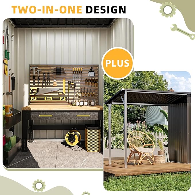 AECOJOY 5x3 FT Outdoor Storage Shed & Hardtop Gazebo Combo, 10x4 FT Metal Lean to Shed with 3‘x5’ Open Pergola, 2-in-1 Tool Sheds & Outdoor Storage for Patio, 30 Sq.Ft Covered