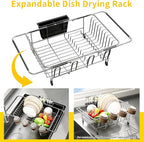 Expandable Over The Sink Dish Drying Rack - Adjustable Stainless Steel Dish Rack for Kitchen Counter or In-Sink, Heavy-Duty Rust-Proof Space Saving Drainer with Utensil Holder (15.5" to 23.2")