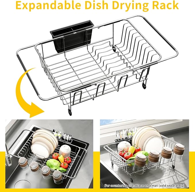 Expandable Over The Sink Dish Drying Rack - Adjustable Stainless Steel Dish Rack for Kitchen Counter or In-Sink, Heavy-Duty Rust-Proof Space Saving Drainer with Utensil Holder (15.5" to 23.2")
