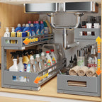 2-Pack 20.47"Deep Under Sink Organizer And Storage,2-Tier L-Shaped Pull Out Cabinet Organizer with Upgraded Slide Rails,Height Adjustable Drawers for Kitchen&Bathroom,Extra-Large Storage Shelves–Gray