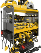 Power Tool Organizer Wall Mount with Charging Station, Tool Battery Holder with 4 Outlet Power Strip15 Min Assembly & Maximum 100lb Load by Heavy Duty Metal, 4 Slots for Cordless Drill