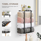 Towel Racks for Bathroom Towel Holder with Shelf & 6 Hooks Wall Mounted Towel Storage Rack for Rolled Towels Organizer, Sturdy Metal Towel Shelf, Black