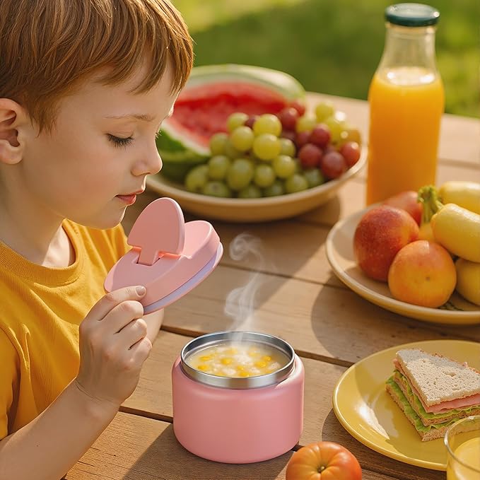 14.5oz Soup Thermo for Hot Food Kids Vacuum Insulated Food Jar Twist-Free Soup Thermo for Hot Food Kids Leakproof Stainless Steel Wide Mouth Lunch Container (Pink)