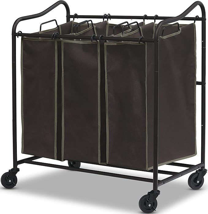 Simple Houseware Heavy Duty 3-Bag Laundry Sorter Rolling Cart + Foldable Laundry Hamper Basket with Lid, Brown