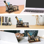 Antique Wood & Mesh Pen Holder Office Supplies Caddy, Storage Baskets for Desktop Accessorieswith Sticky Notes Holder,3 Compartments(2 Pack Black)