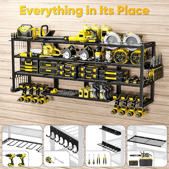 Extra Large 64" W Power Tool Organizer Wall Mount, Load 1000 lbs, Heavy Duty 4 Tier Garage Storage Rack with 8 Drill Holders, 2 in 1 Corner or Straight Installation