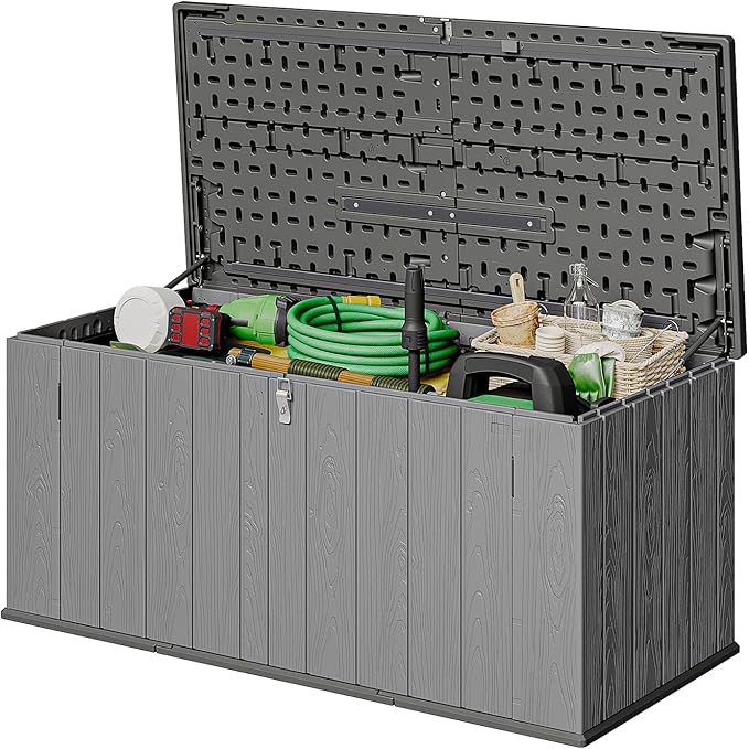 AOXUN Horizontal Storage Sheds 21 Cu.ft, HDPE Outdoor Storage Box 160 Gallon, Waterproof Lockable Resin Deck Box with Spring-Assisted Lid, Patio Storage for Garden, Pool, Cushions, Tools, Grey