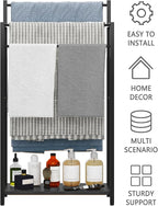 Freestanding Towel Rack, 3 Tier Blanket Ladder Stand with Black Wooden Shelf for Bathroom Living Room (31.5”H x 16.9”W x7.9”D)