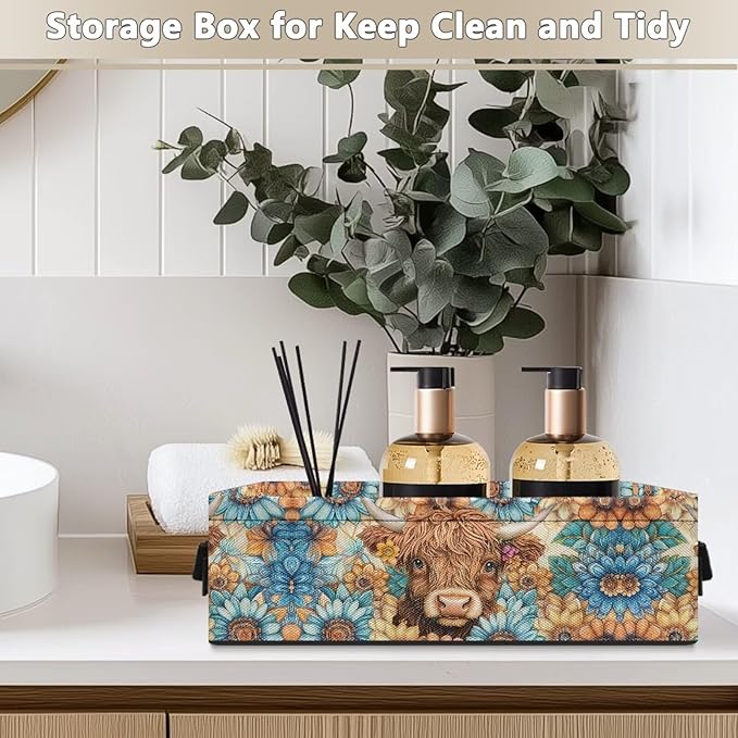 Toilet Tank Topper Paper Baskets Narrow Rectangular Storage Bins Decorative Countertop Long Basket Bins Compact Storage Box for Organizing Closet Shelf, Highland Cow Boho Flower