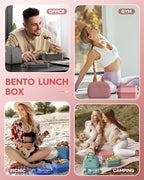 Adults Bento Lunch Box Set with Thermo Bag, 74oz Stackable Leak-proof 3-tiers Bento Box, Built-in Utensil and Sauce Container for Work, School, Dining Out (Pink)