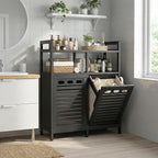 Homykic Tilt Out Laundry Hamper Cabinet, Bamboo Double Laundry Hamper with 2 Removable Laundry Baskets, 20 Gal Laundry Sorter Organizer with Shelf for Dirty Clothes, Bathroom, Laundry Room, Black