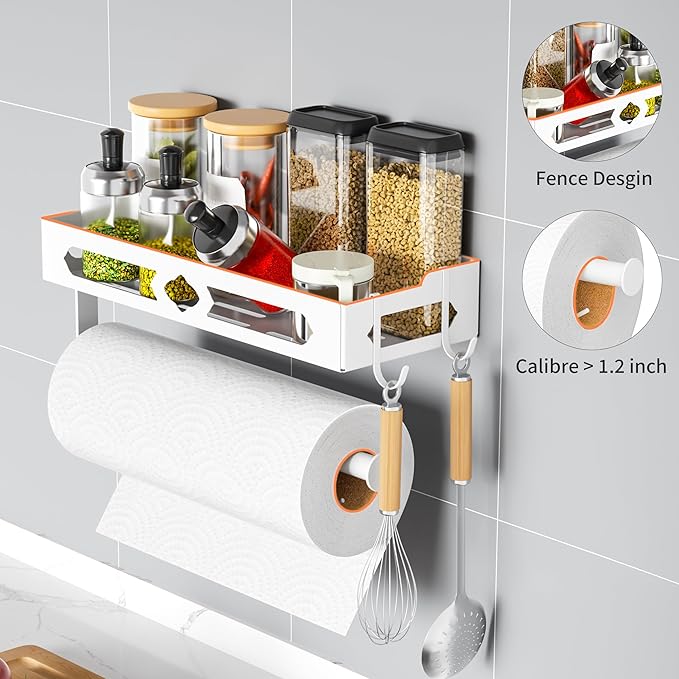 Paper Towel Holder with Shelf, One Hand Tear, Paper Towel Holder Wall Mount with 2 Detachable Hooks for Kitchen, Bathroom, White