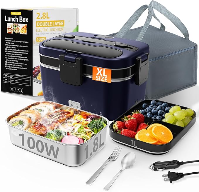 Electric Lunch Box for Adults, 2.8L Double Layer 100W Fast Heated Lunch Box, Heating Food Heater Warmer for Home Office Car Truck Use, Extra Large Lonchera Electrica Portátil 12/24V/110-230V, Blue