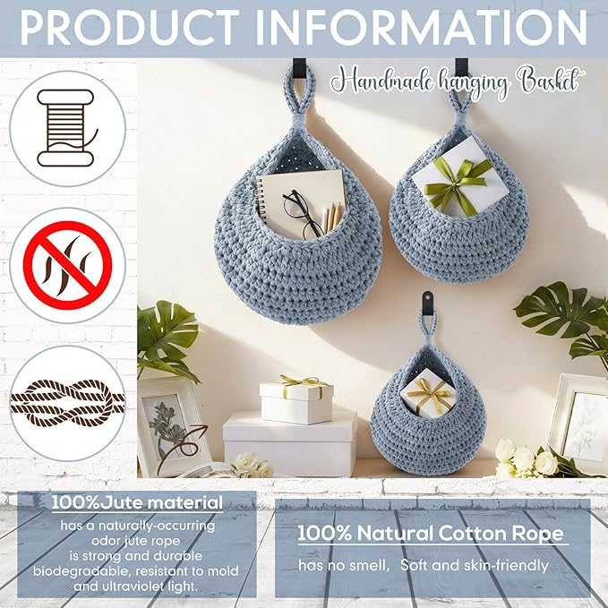 Honeydak Boho Decor Hanging Wall Baskets for Kitchen 3 Pack Teardrop Baskets with Hooks Storage Fruit Onion Vegetable Potato for Home 3 Sizes(Light Blue,Teardrop,Cotton Rope)